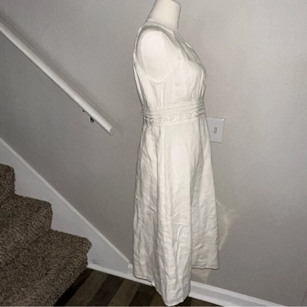 Ann Taylor Halter Beaded  lined Linen Midi Dress Off White S 8 EUC Hidden Zipper - Picture 5 of 8